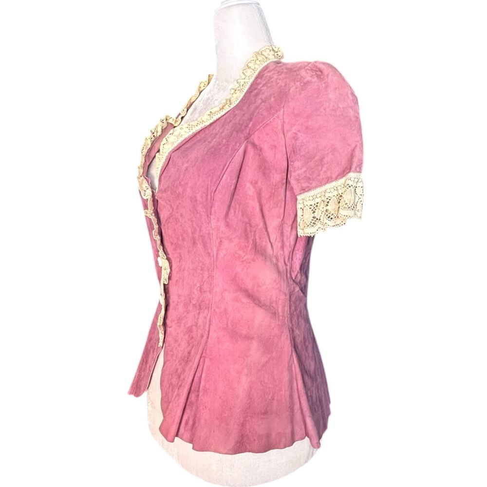 Vintage Pink Suede Lace Trim Western Prairie Blouse Peplum Romantic Leather Top - Picture 4 of 10